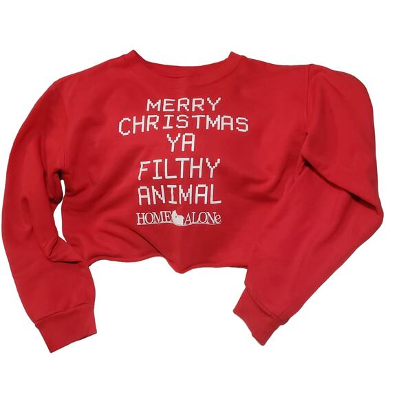Home Alone "Filthy Animal" Christmas Crop Top Sweatshirt Raw Edge Long Sleeve - Picture 1 of 4